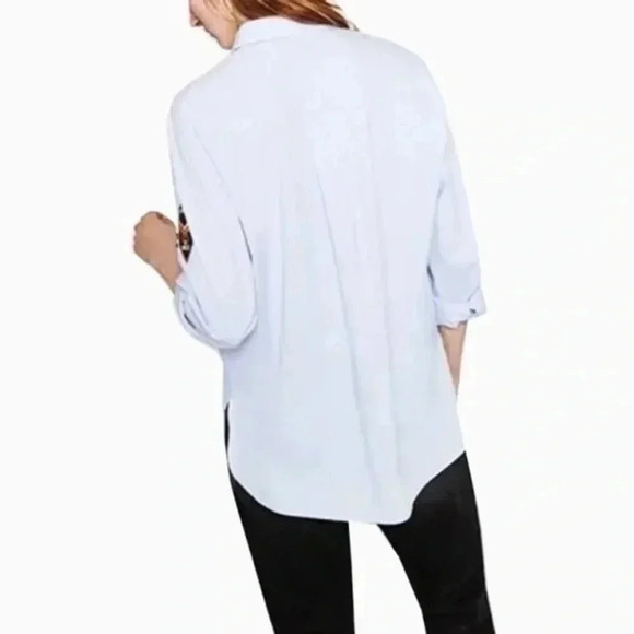 🍁 Zara lt blue button down army patched embroideries XS - Picture 2 of 10